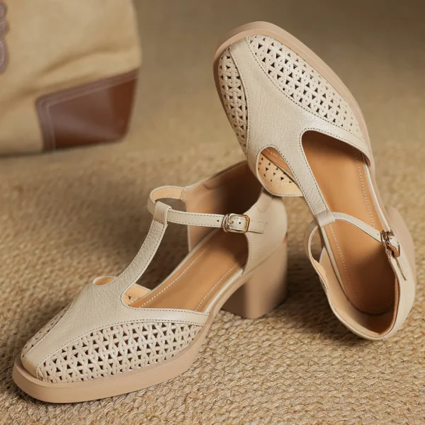 Classic Hollow-Out Sheepskin T-strap Thick Med Pumps High Heels Sandals - Image 7
