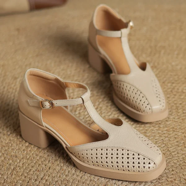 Classic Hollow-Out Sheepskin T-strap Thick Med Pumps High Heels Sandals - Image 6