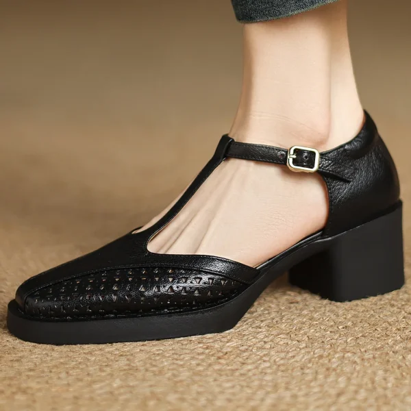Classic Hollow-Out Sheepskin T-strap Thick Med Pumps High Heels Sandals - Image 12
