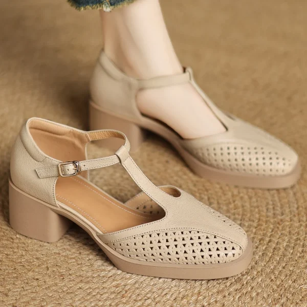 Classic Hollow-Out Sheepskin T-strap Thick Med Pumps High Heels Sandals - Image 2