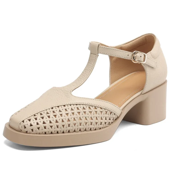 Classic Hollow-Out Sheepskin T-strap Thick Med Pumps High Heels Sandals - Image 8