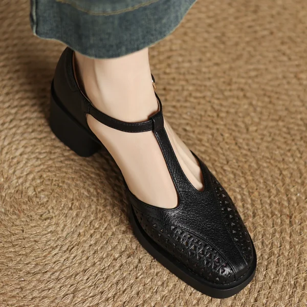Classic Hollow-Out Sheepskin T-strap Thick Med Pumps High Heels Sandals - Image 9