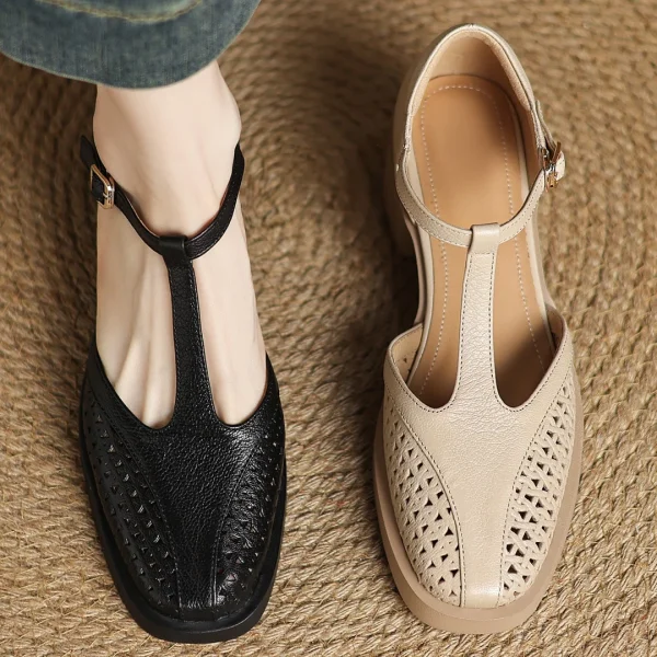 Classic Hollow-Out Sheepskin T-strap Thick Med Pumps High Heels Sandals - Image 19