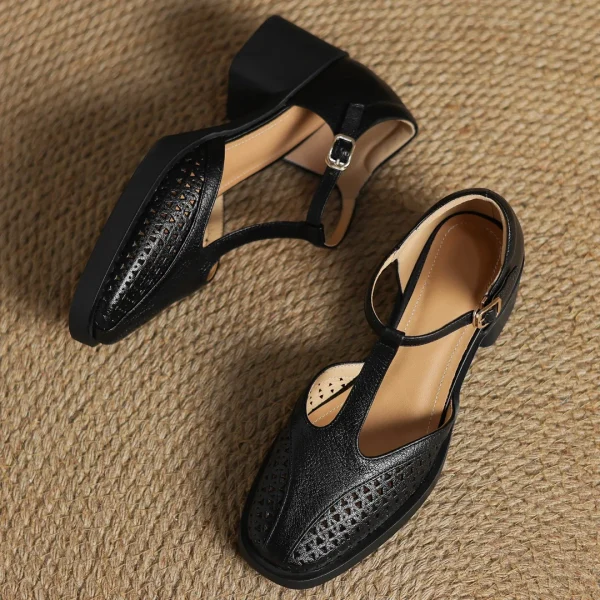 Classic Hollow-Out Sheepskin T-strap Thick Med Pumps High Heels Sandals - Image 14