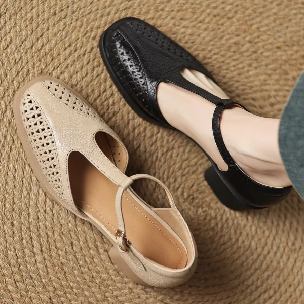 Classic Hollow-Out Sheepskin T-strap Thick Med Pumps High Heels Sandals - Image 21