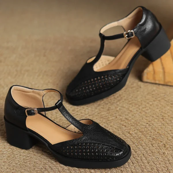Classic Hollow-Out Sheepskin T-strap Thick Med Pumps High Heels Sandals - Image 15