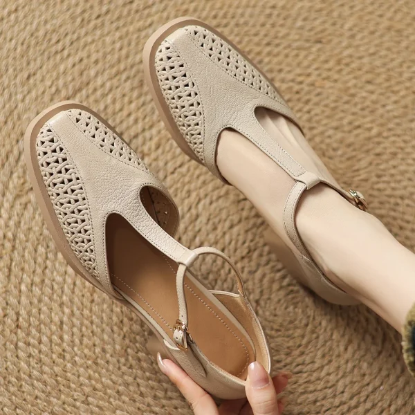 Classic Hollow-Out Sheepskin T-strap Thick Med Pumps High Heels Sandals - Image 5