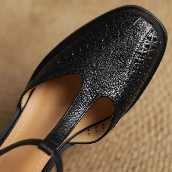 Classic Hollow-Out Sheepskin T-strap Thick Med Pumps High Heels Sandals - Image 16