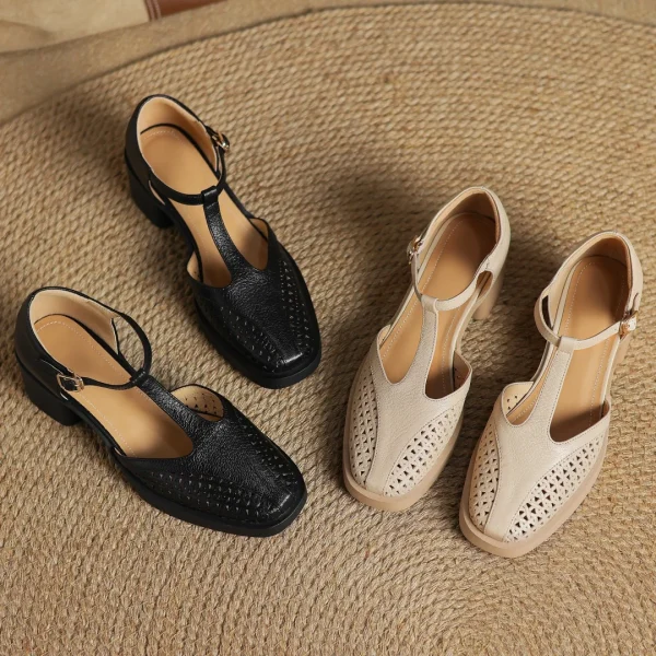 Classic Hollow-Out Sheepskin T-strap Thick Med Pumps High Heels Sandals - Image 22