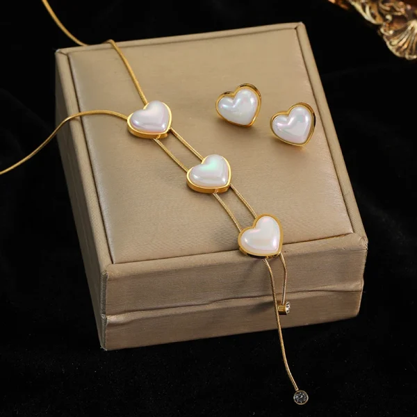 Classic Stainless Steel Heart Long Tassels Pendant Necklace Earrings Jewelry Set  - Image 2