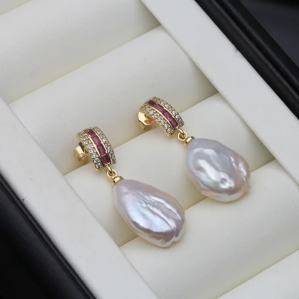Classic Trendy Heart Baroque 18k Gold Plated Zircon Freshwater Pearl Drop Earrings - Image 2