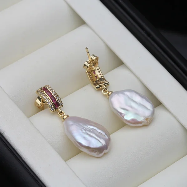 Classic Trendy Heart Baroque 18k Gold Plated Zircon Freshwater Pearl Drop Earrings - Image 3