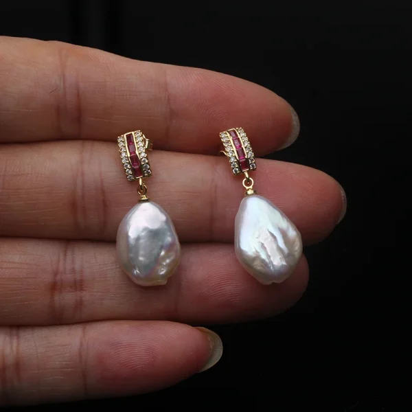 Classic Trendy Heart Baroque 18k Gold Plated Zircon Freshwater Pearl Drop Earrings - Image 4