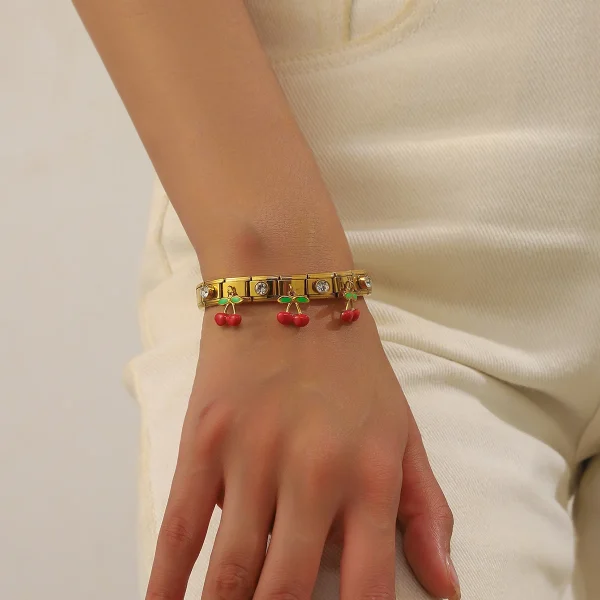 Classics Geometric Stainless Steel Plant Fruit Cherry Zircon Cuff Bracelet