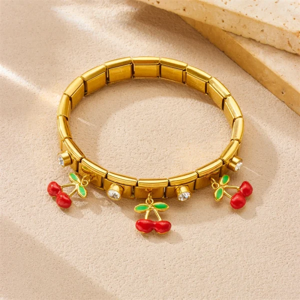 Classics Geometric Stainless Steel Plant Fruit Cherry Zircon Cuff Bracelet - Image 2