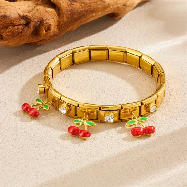 Classics Geometric Stainless Steel Plant Fruit Cherry Zircon Cuff Bracelet - Image 4