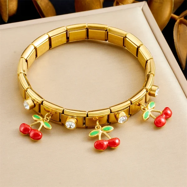 Classics Geometric Stainless Steel Plant Fruit Cherry Zircon Cuff Bracelet - Image 3