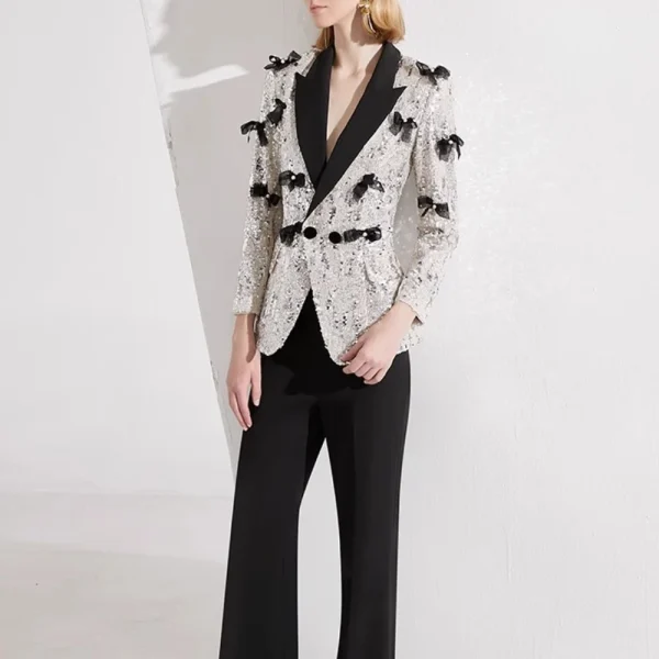 Color Spliced Lapel Long Sleeves Patchwork Sequin Top And Pant Bow Two Piece Sets - Image 4