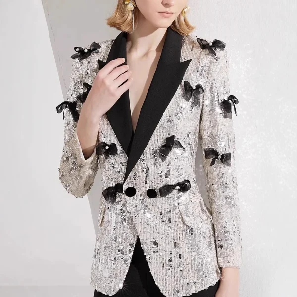 Color Spliced Lapel Long Sleeves Patchwork Sequin Top And Pant Bow Two Piece Sets - Image 3
