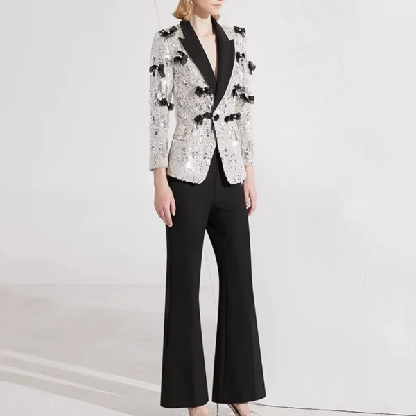 Color Spliced Lapel Long Sleeves Patchwork Sequin Top And Pant Bow Two Piece Sets - Image 2