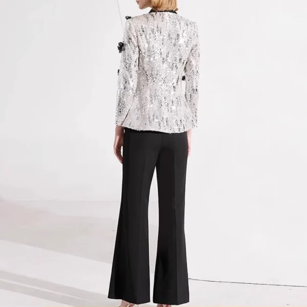 Color Spliced Lapel Long Sleeves Patchwork Sequin Top And Pant Bow Two Piece Sets - Image 6