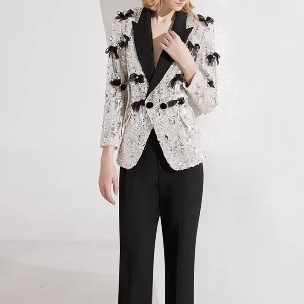 Color Spliced Lapel Long Sleeves Patchwork Sequin Top And Pant Bow Two Piece Sets - Image 5