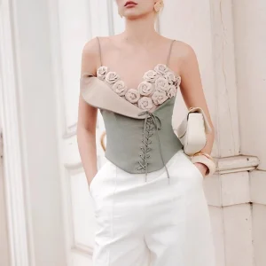 Colorblock Spliced 3D Flower Irregular V Neck Sleeveless Patchwork Lace Up Vest Top