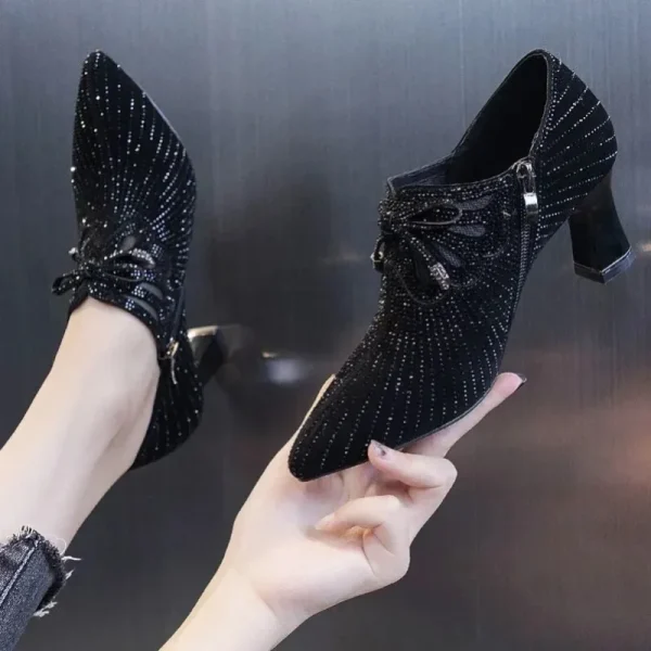 Colored Diamond Bow Knot Shallow Mouth Side Zipper Pointed Toe Thick High Heels - Image 6