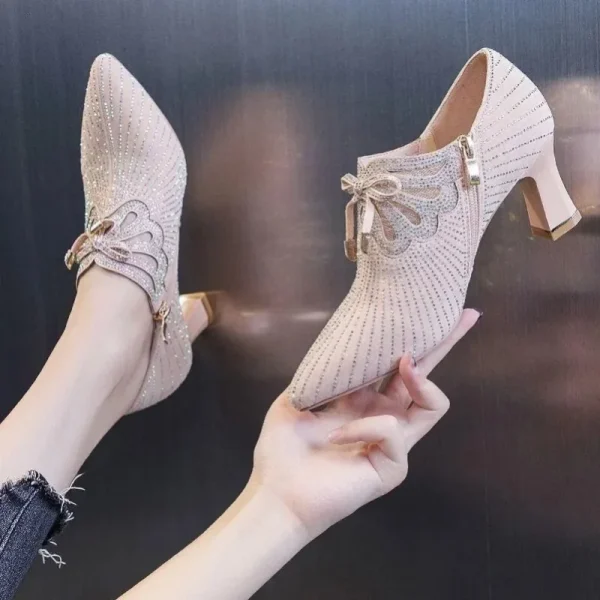 Colored Diamond Bow Knot Shallow Mouth Side Zipper Pointed Toe Thick High Heels