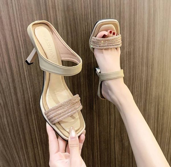 Concise Crystal Open Toe Pull On Slide Pull On Square Heel High Heels - Image 13