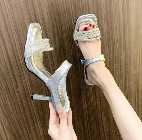 Concise Crystal Open Toe Pull On Slide Pull On Square Heel High Heels - Image 4