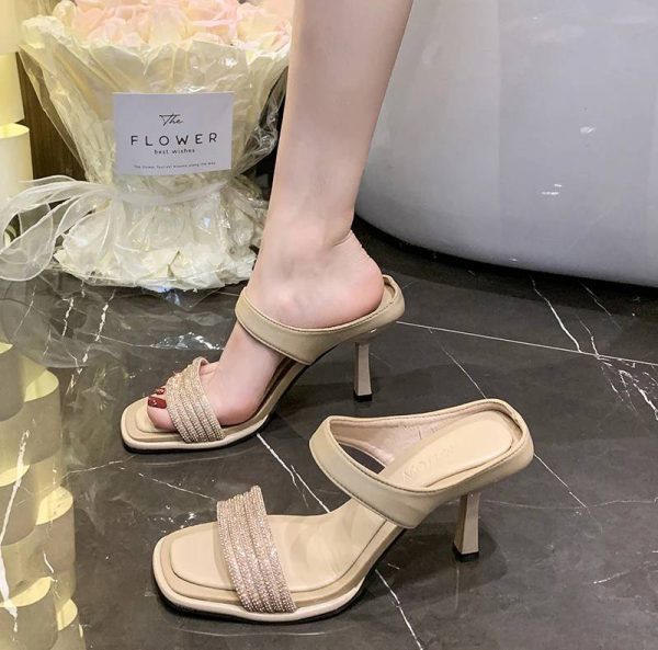 Concise Crystal Open Toe Pull On Slide Pull On Square Heel High Heels - Image 9