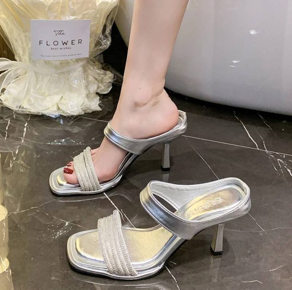 Concise Crystal Open Toe Pull On Slide Pull On Square Heel High Heels - Image 8