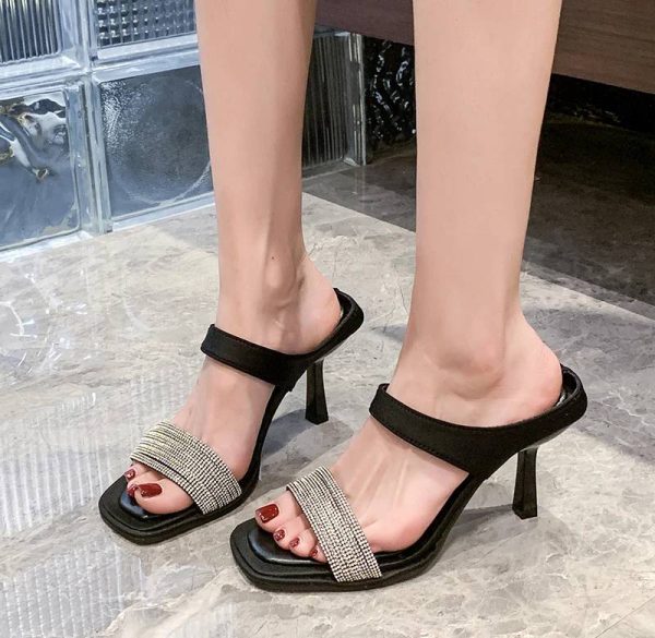 Concise Crystal Open Toe Pull On Slide Pull On Square Heel High Heels - Image 2
