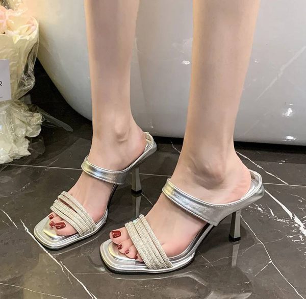 Concise Crystal Open Toe Pull On Slide Pull On Square Heel High Heels - Image 7