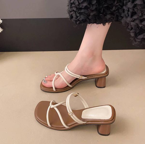 Concise Narrow Band Thick Heels Mules Slide Sandals - Image 8
