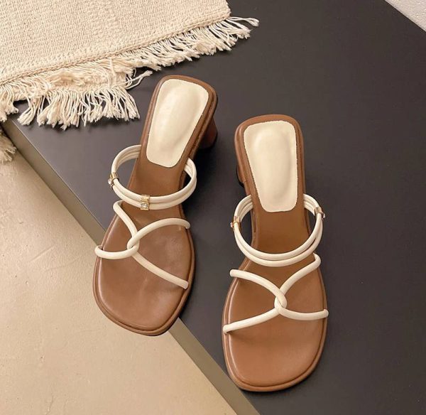 Concise Narrow Band Thick Heels Mules Slide Sandals - Image 6