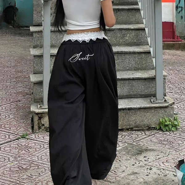Contrast Lace Stitching Wide Leg Streetwear Low Rise Loose Trousers - Image 4