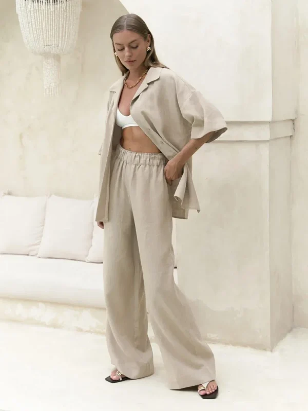 Cotton Short Sleeved Solid Color Shirt Loose Pants Casual Pants 2-piece Set