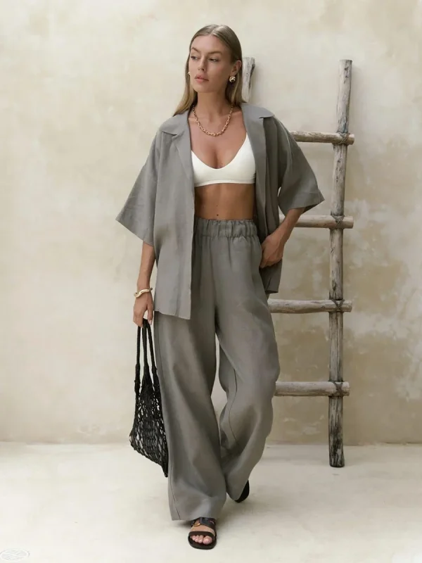Cotton Short Sleeved Solid Color Shirt Loose Pants Casual Pants 2-piece Set - Image 14