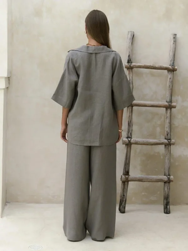 Cotton Short Sleeved Solid Color Shirt Loose Pants Casual Pants 2-piece Set - Image 15