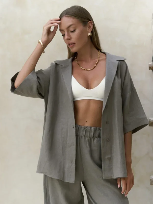 Cotton Short Sleeved Solid Color Shirt Loose Pants Casual Pants 2-piece Set - Image 16