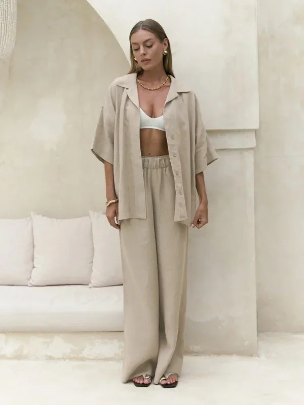 Cotton Short Sleeved Solid Color Shirt Loose Pants Casual Pants 2-piece Set - Image 5