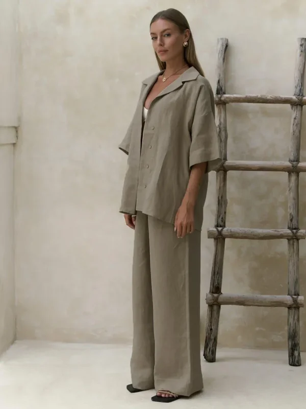 Cotton Short Sleeved Solid Color Shirt Loose Pants Casual Pants 2-piece Set - Image 20