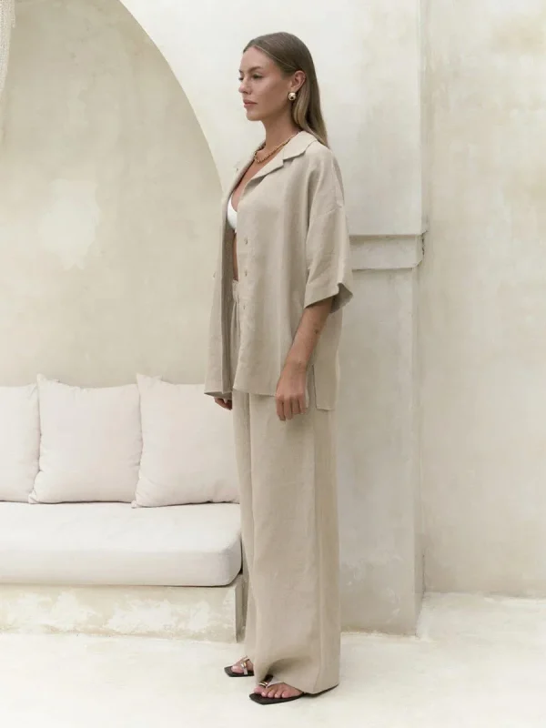Cotton Short Sleeved Solid Color Shirt Loose Pants Casual Pants 2-piece Set - Image 4