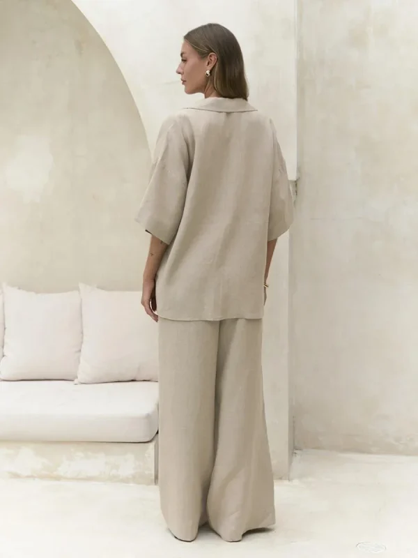 Cotton Short Sleeved Solid Color Shirt Loose Pants Casual Pants 2-piece Set - Image 7