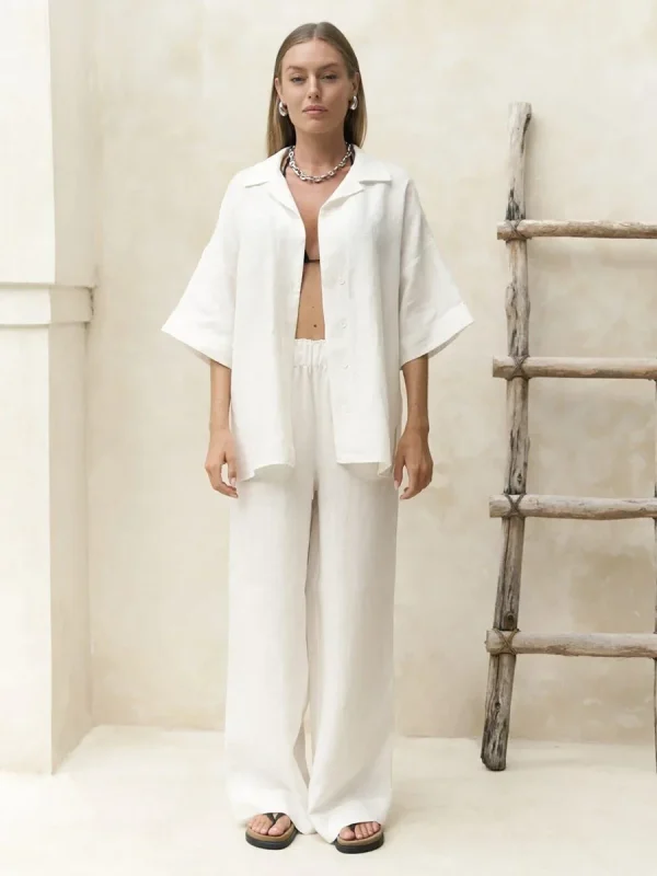 Cotton Short Sleeved Solid Color Shirt Loose Pants Casual Pants 2-piece Set - Image 10