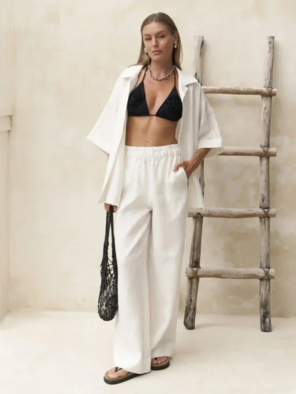 Cotton Short Sleeved Solid Color Shirt Loose Pants Casual Pants 2-piece Set - Image 11