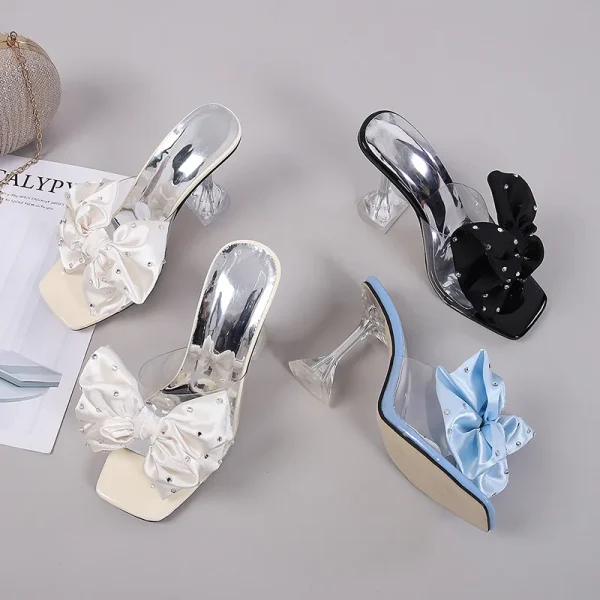 Crystal Bow PVC Transparent Slides Open Toe High Heels Pumps - Image 9