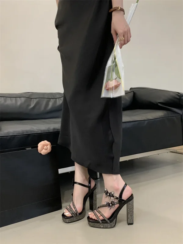 Crystal Designer Bowknot Square Toe Buckle Strap High Heels Pumps - Image 2